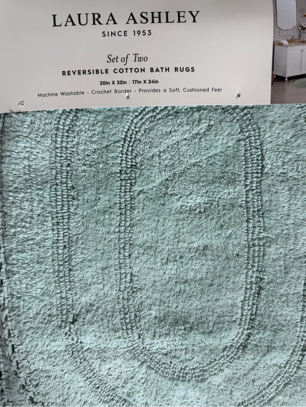 Laura Ashley Silt Green Reversible Cotton Bath Rug Set 2 Pc Crochet Cushion Feel